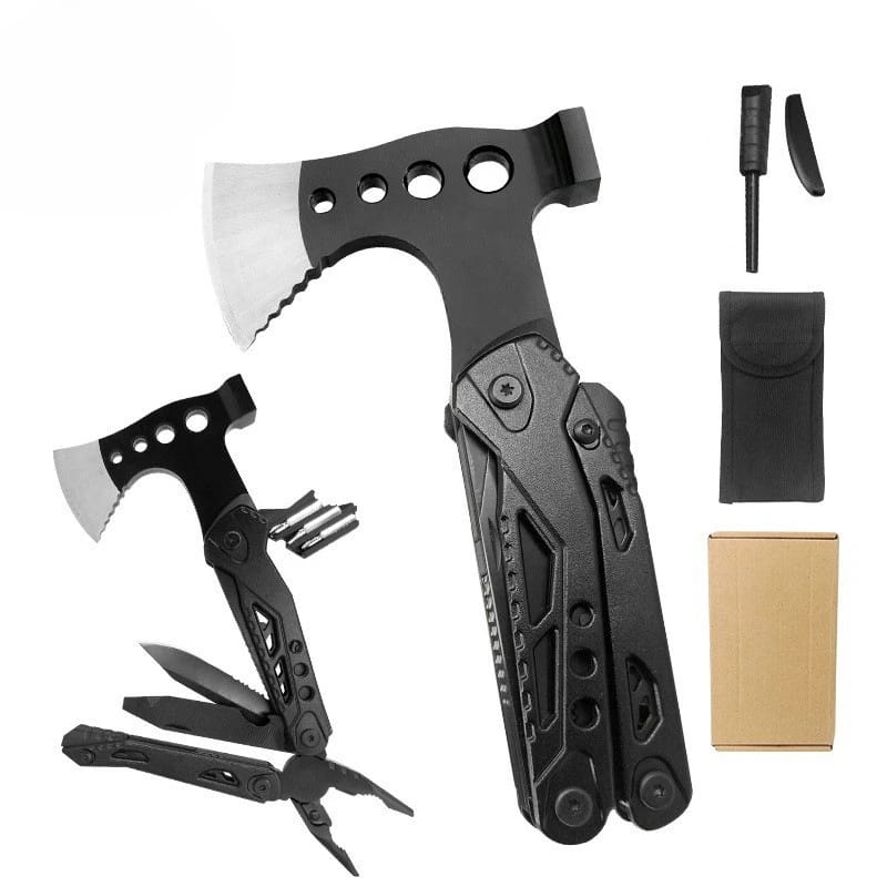 Pinza Multifuncional para Camping y Supervivencia, Herramienta de Mano Plegable con Hacha, Martillo, Cuchillo de Acero Inoxidable. Ideal para Actividades al Aire Libre y Caza. Regalo para Hombre.